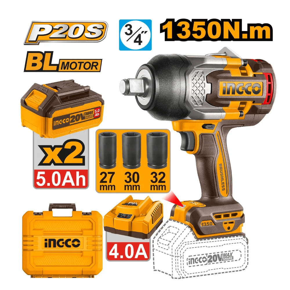 Llave de Impacto Brushless Ingco 20V 1350NM 3/4