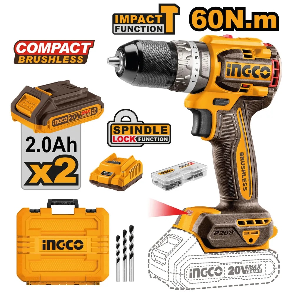 TALADRO ATORNILLADOR PERCUTOR BRUSHLESS CHUCK METÁLICO INGCO 20V -  CIDLI206021