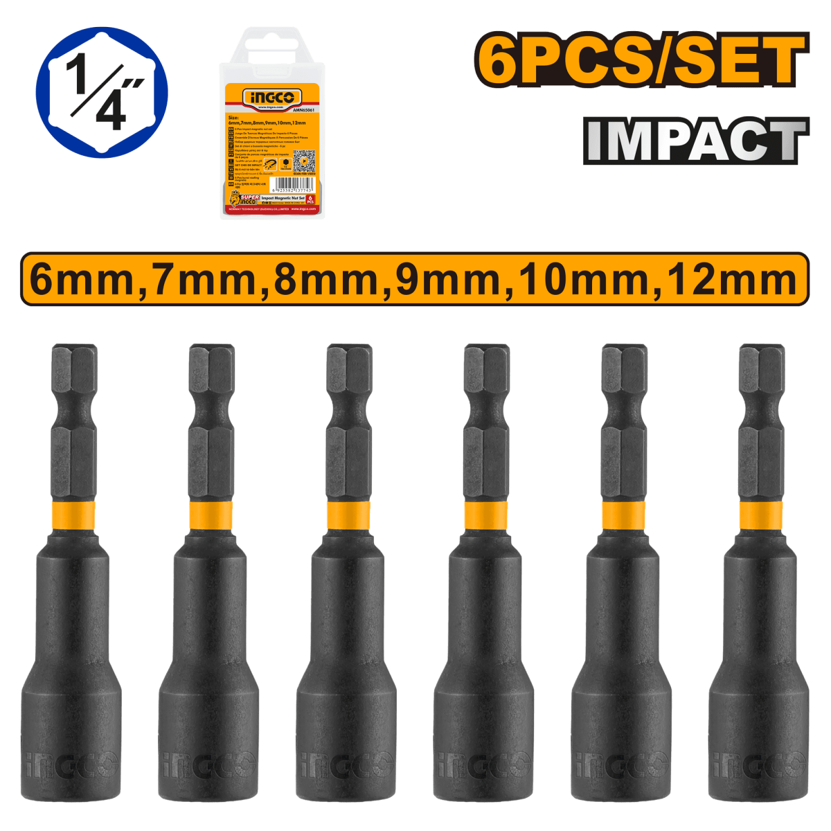 JUEGO 6 DADOS DE IMPACTO MAGNETICO CON ENCASTRE 1/4 INGCO / AMN650611