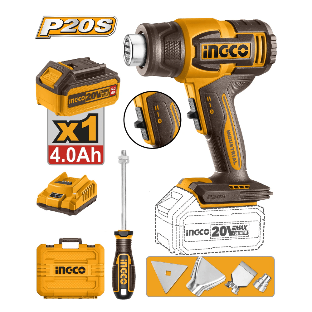 Pistola de calor inalámbrica de 20 V y batería de 4 Ah – HGLI20065 Ingco1