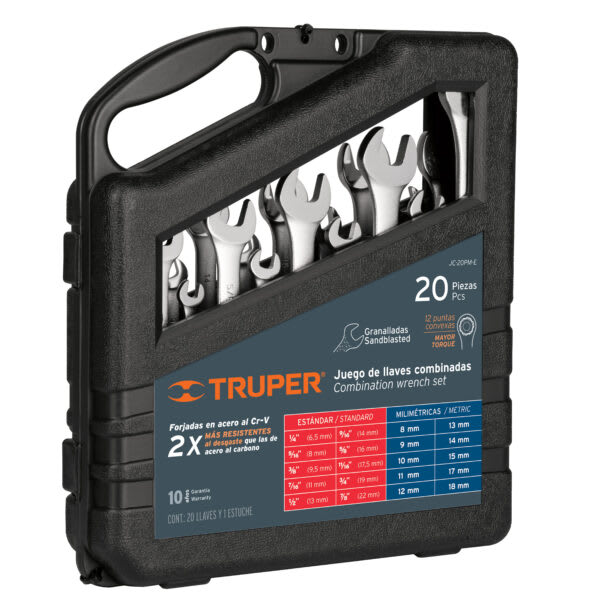 Juego de 20 llaves combinadas std y mm granalladas, Truper JC-20PM-E 157981