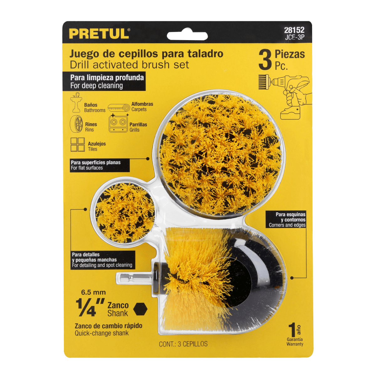 Juego de 3 cepillos multiusos para taladro, Pretul 281521