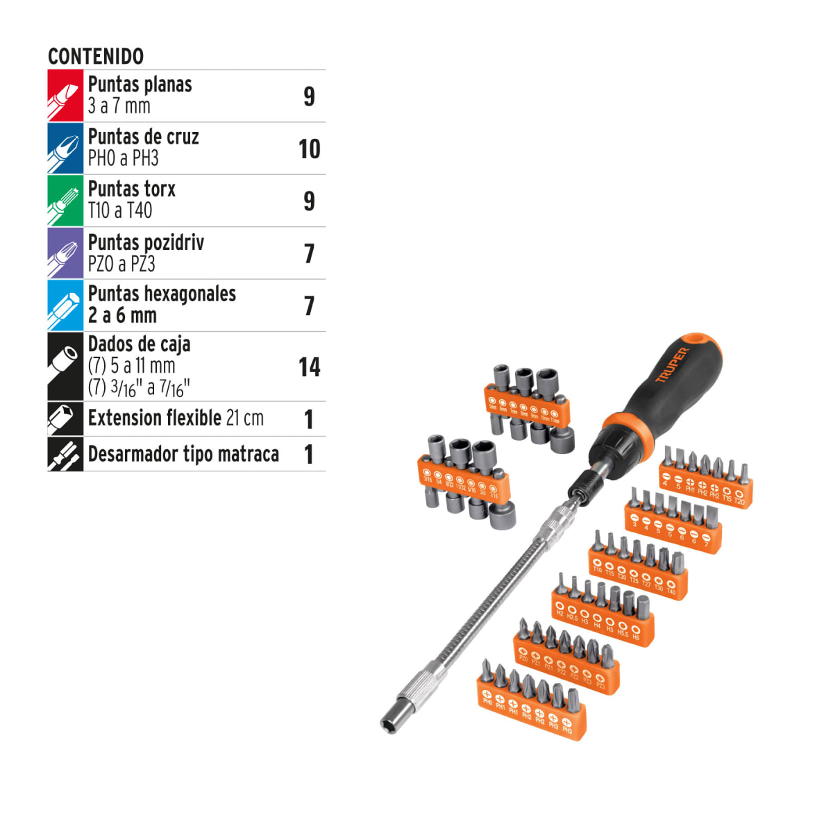 Desarmador tipo ratchet con 42 puntas, 14 dados y extensión Truper2