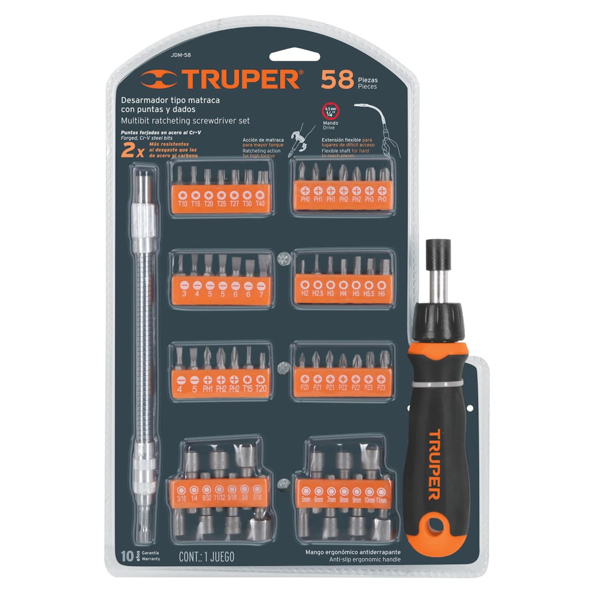 Desarmador tipo ratchet con 42 puntas, 14 dados y extensión Truper3