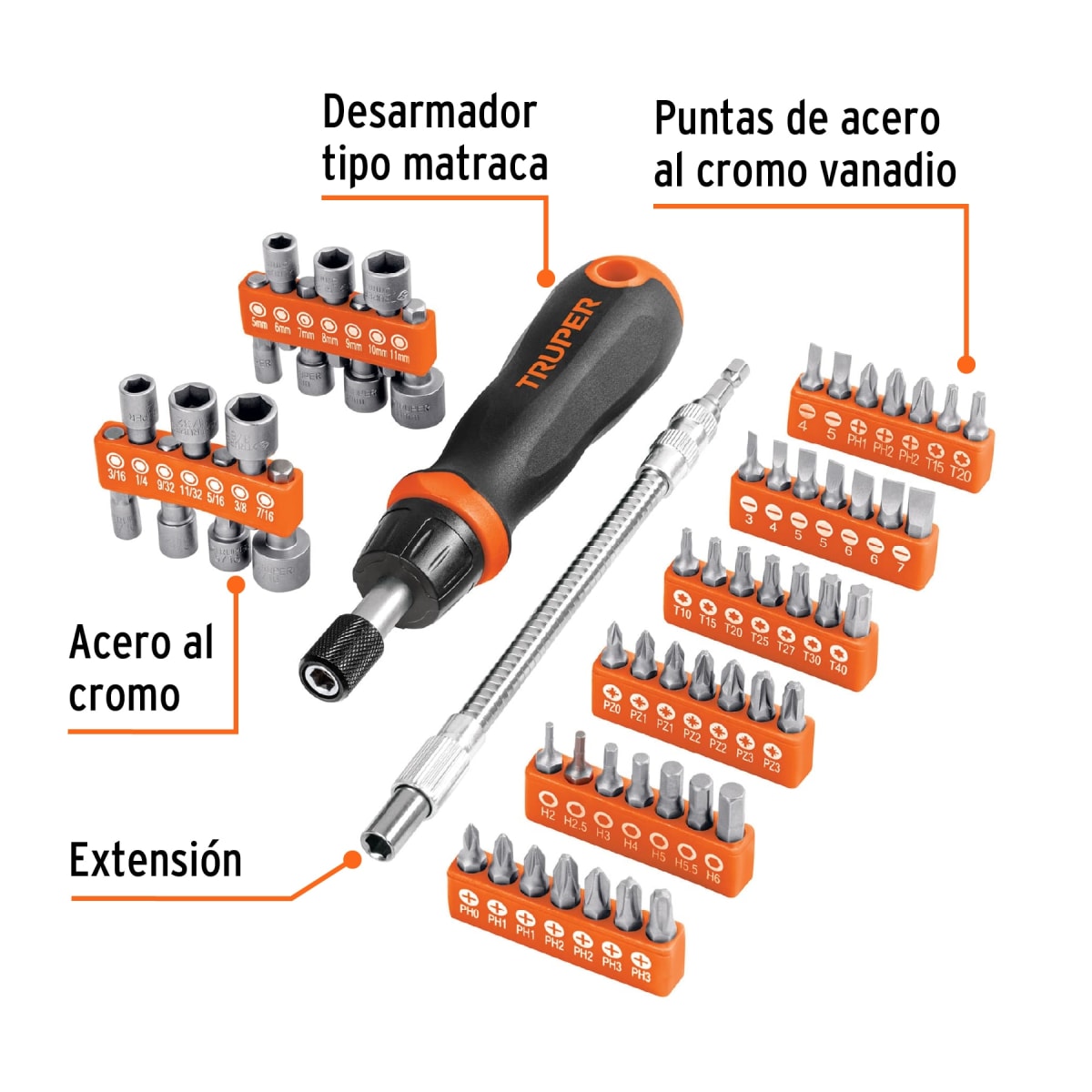 Desarmador tipo ratchet con 42 puntas, 14 dados y extensión Truper4