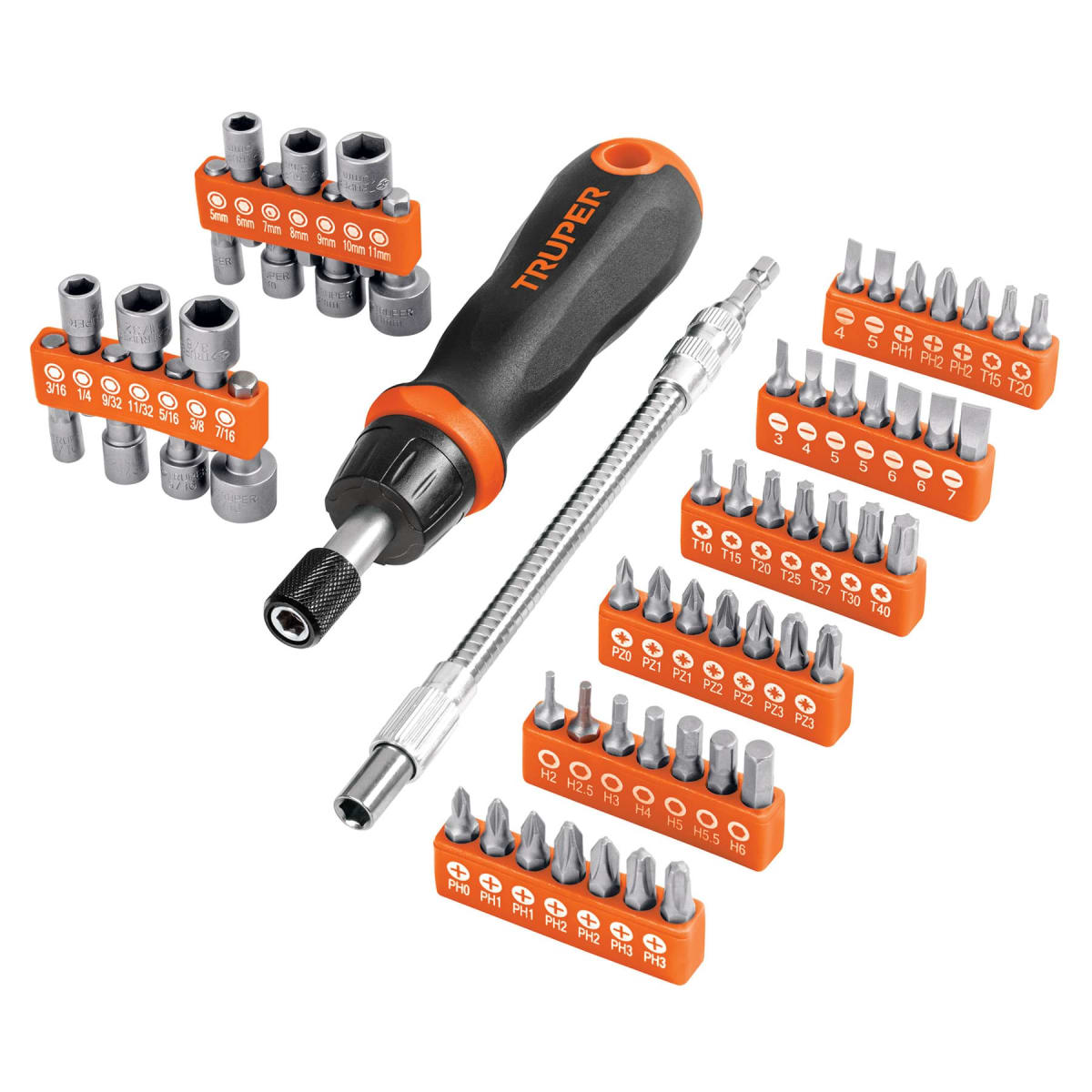 Desarmador tipo ratchet con 42 puntas, 14 dados y extensión Truper1