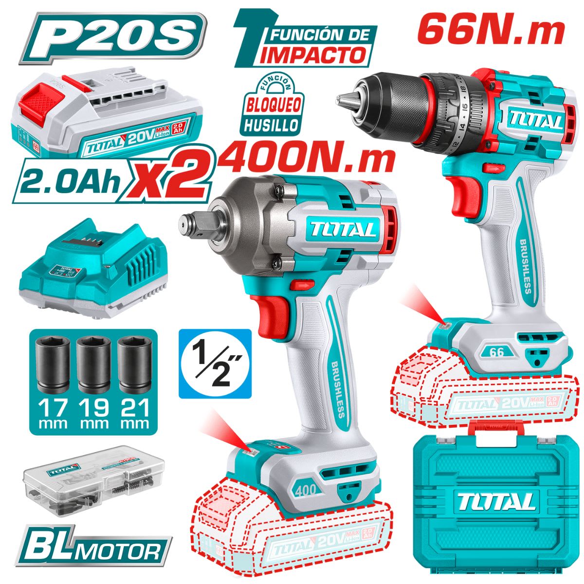 Combo taladro 66NM + Llave de impacto 20V + MALETIN TOTAL / TCKLI202751