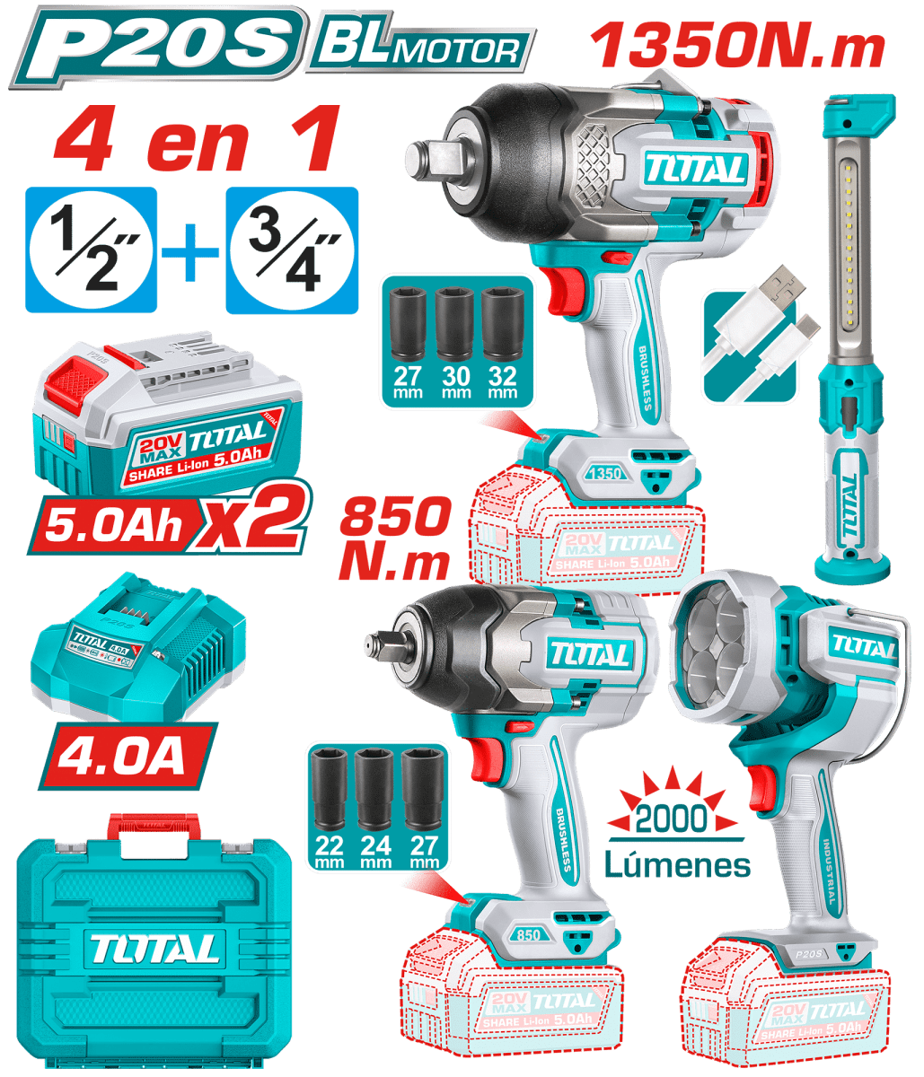 COMBO 4 EN 1: LLAVE DE IMPACTO 3/4