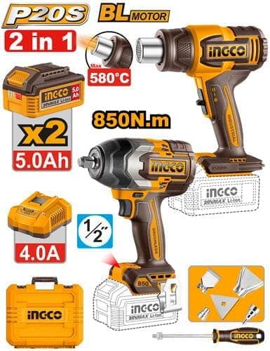 COMBO LLAVE DE IMPACTO 1/2 850NM + PISTOLA DE CALOR 580 °C 20V INGCO / COSLI2603811