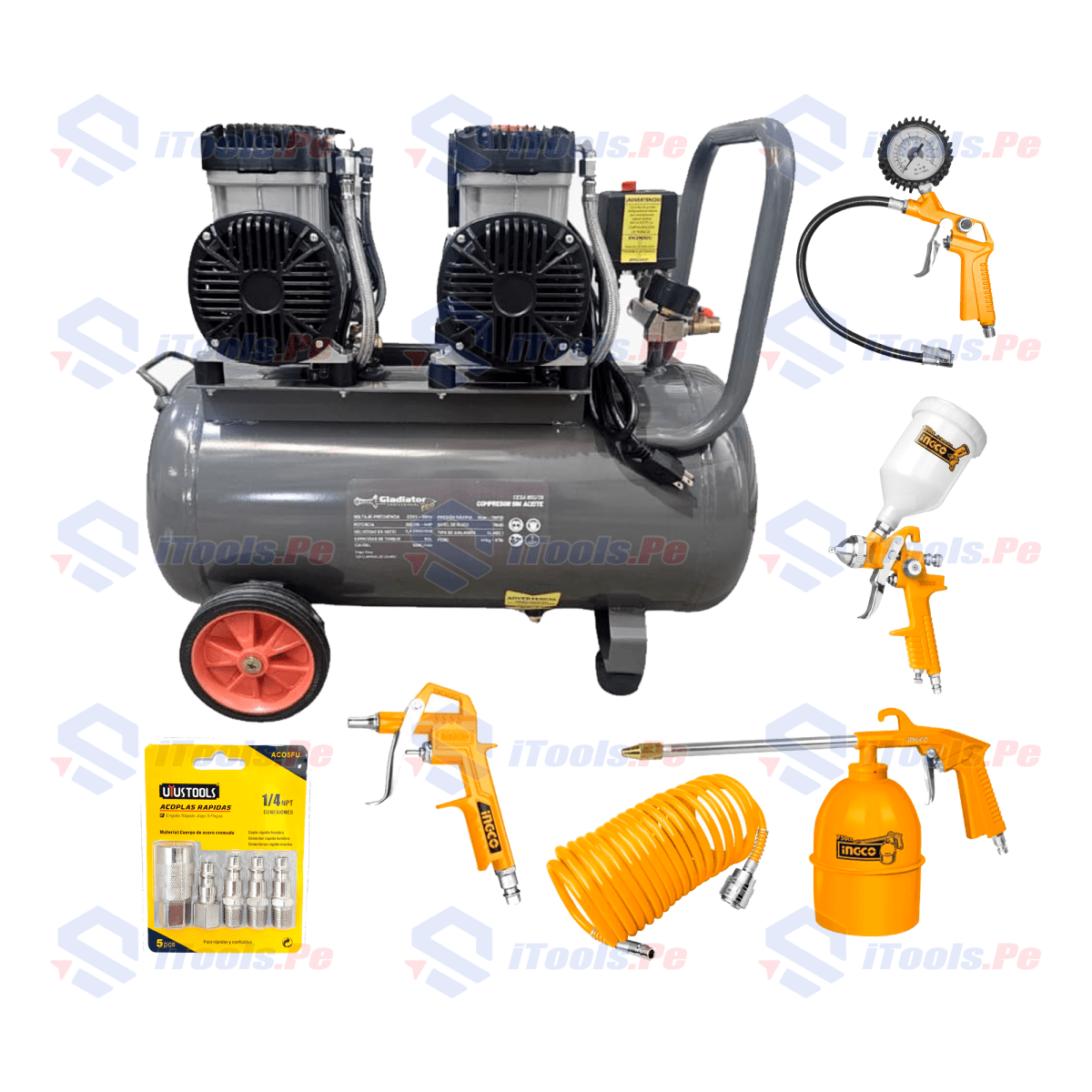 SUPER COMPRESORA 50LT 3000W / 4HP GLADIATOR + JGO DE ACCESORIOS INGCO1