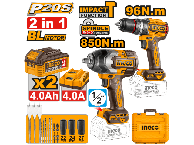 KIT COMBO P20S 20V TALADRO ATORNILLADOR C/PERCUTOR 96NM + LLAVE DE IMPACTO 850NM C/ 2 BAT 4.0AH + CA1