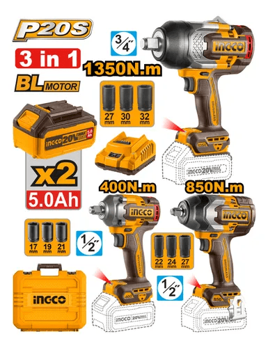 Combo 3 Llaves de Impacto 1350NM + 850NM + 400NM + 2 Baterías 5AH + Cargador2