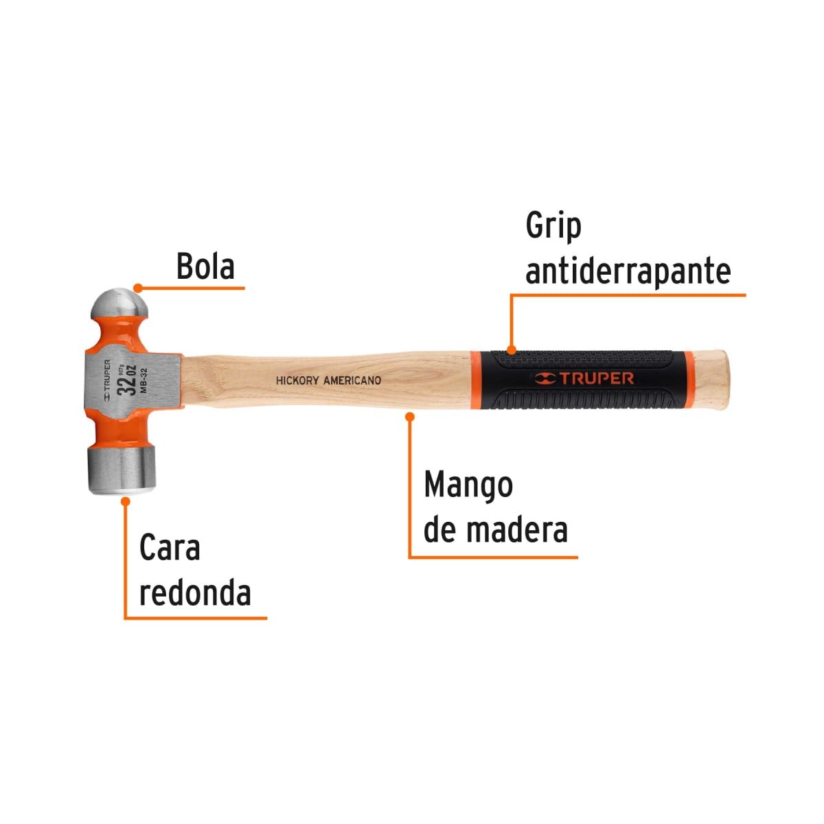 MARTILLO PULIDO DE BOLA 32 OZ MANGO HICKORY TRUPER GRIP2