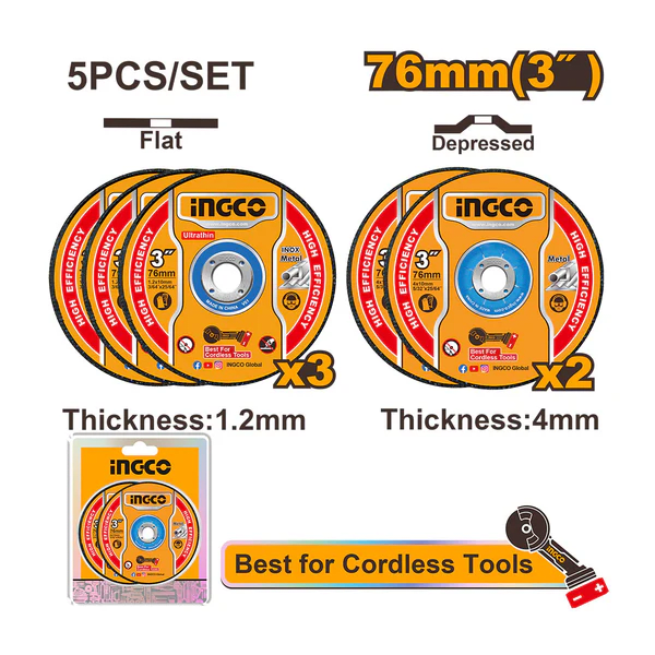 DISCOS DE CORTE 3” PARA METAL ABRASIVO 5 PIEZAS INGCO/ MCD3037681