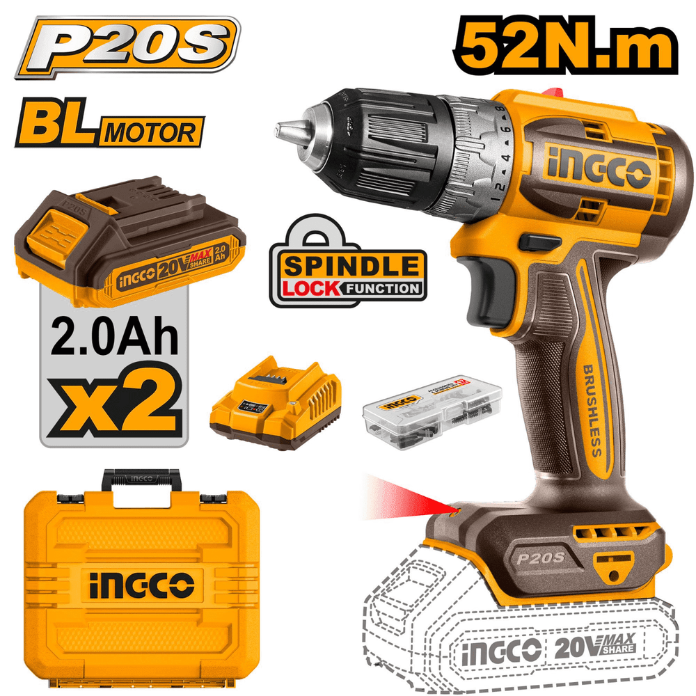 TALADRO ATORNILLADOR BRUSHLESS 52NM + 2 BATERIAS 2 A.H INGCO / CDLI204531