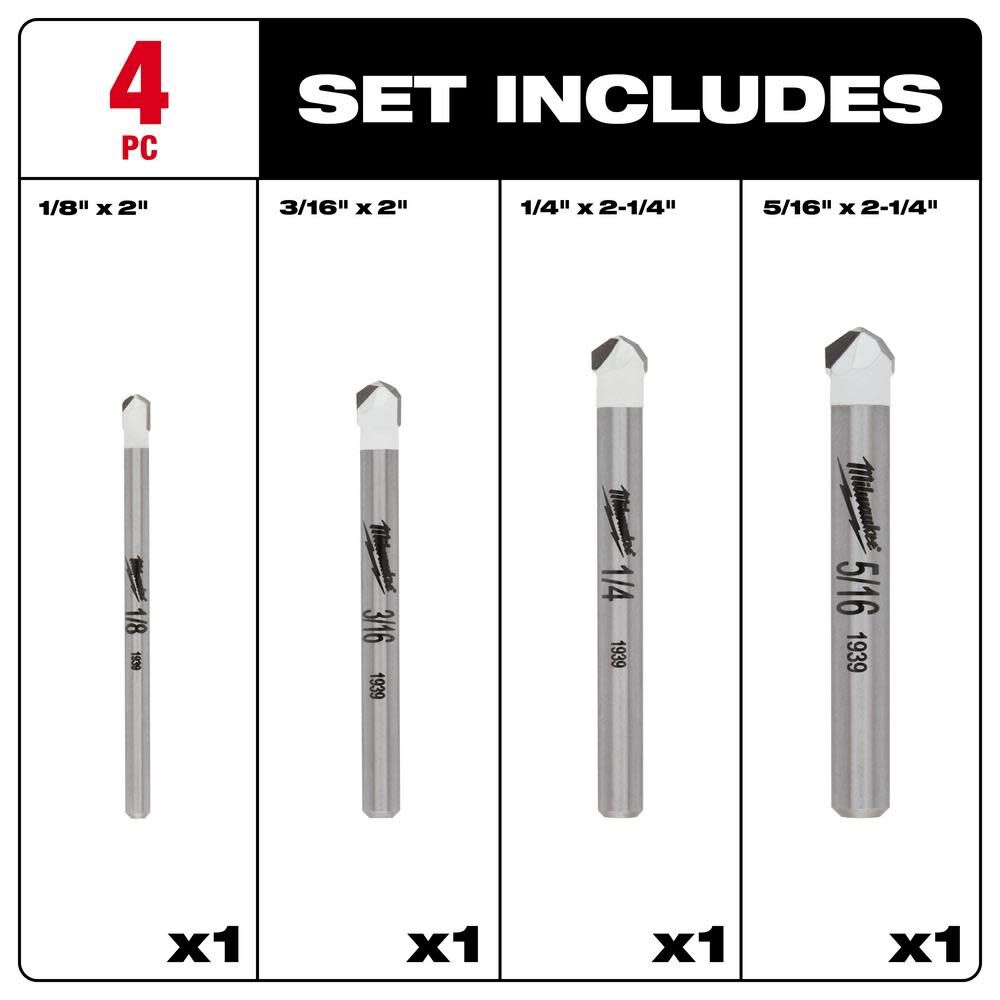 4 PIEZAS JUEGO DE BROCAS PARA AZULEJOS Y PIEDRA NATURAL MILWAUKEE6