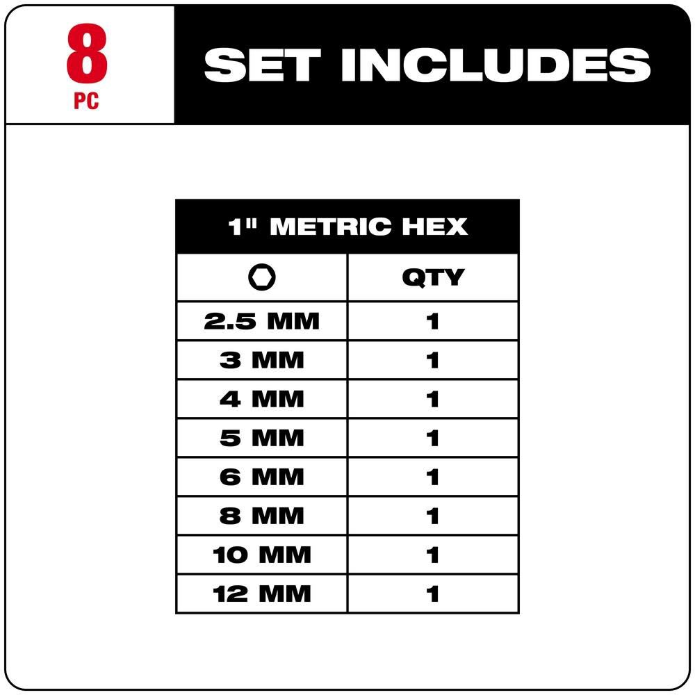 MILWAUKEE JUEGO DE PUNTAS DE INSERCIÓN HEXAGONALES MÉTRICAS DE IMPACTO SHOCKWAVE DE 1 PULG., 8 PIEZAS6