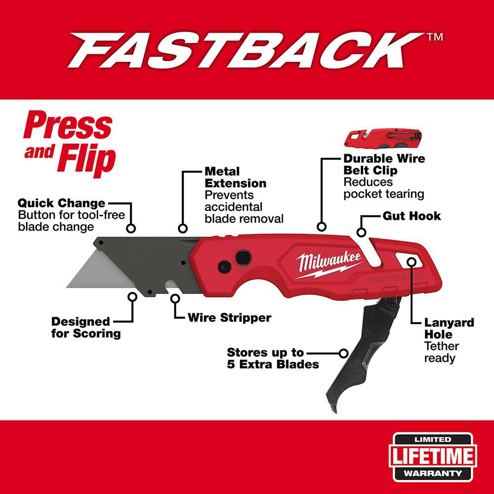 Cuchillo multiusos plegable Milwaukee FASTBACK con almacenamiento de cuchillas 	48-22-150212