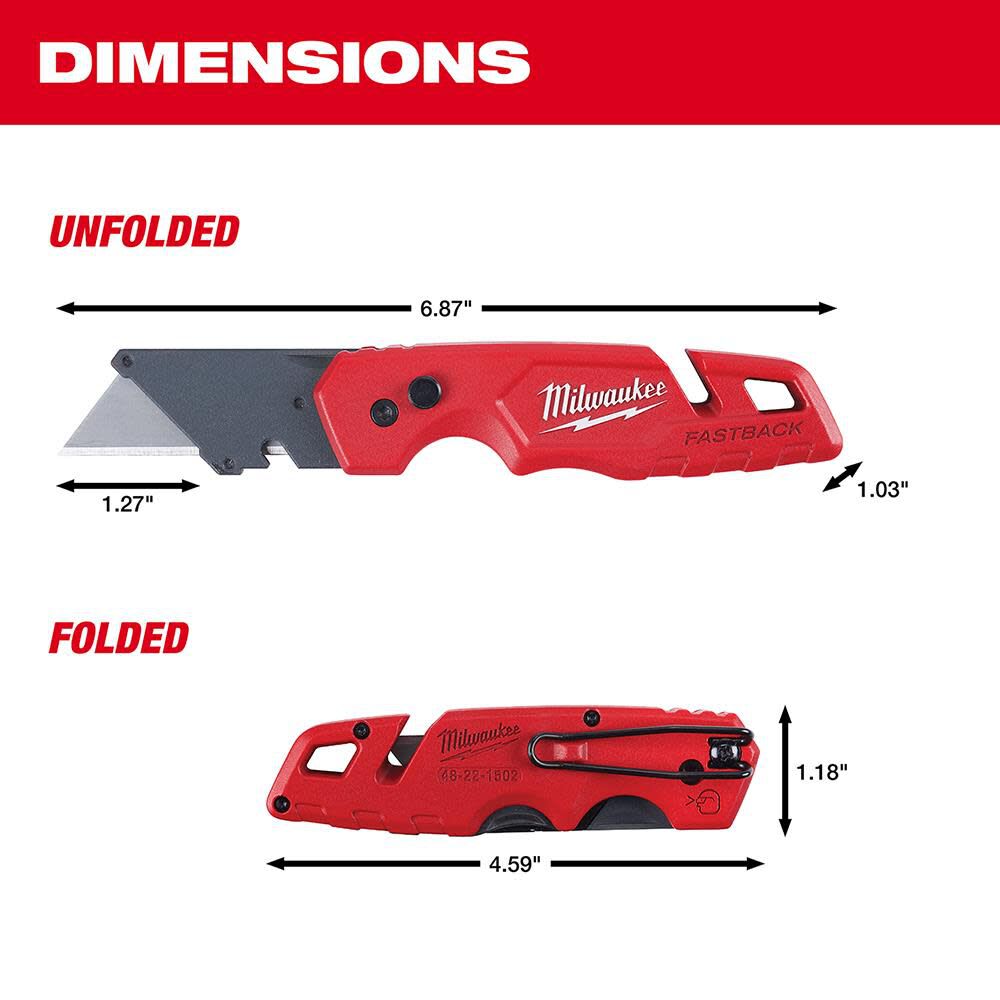 Cuchillo multiusos plegable Milwaukee FASTBACK con almacenamiento de cuchillas 	48-22-150210