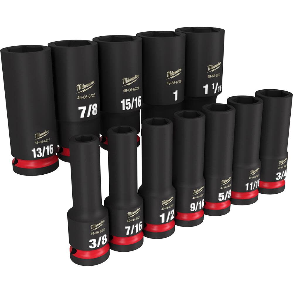 DADOS DE IMPACTO CON ACCIONAMIENTO DE 1/2 PULG. SAE DE 6 PUNTOS, 12 PIEZAS MILWAUKEE1