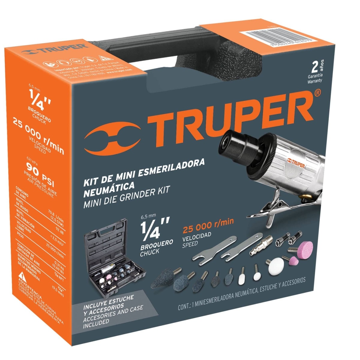 MINIESMERILADORA NEUMÁTICA, 1/4', KIT 16 PIEZAS TRUPER 168871