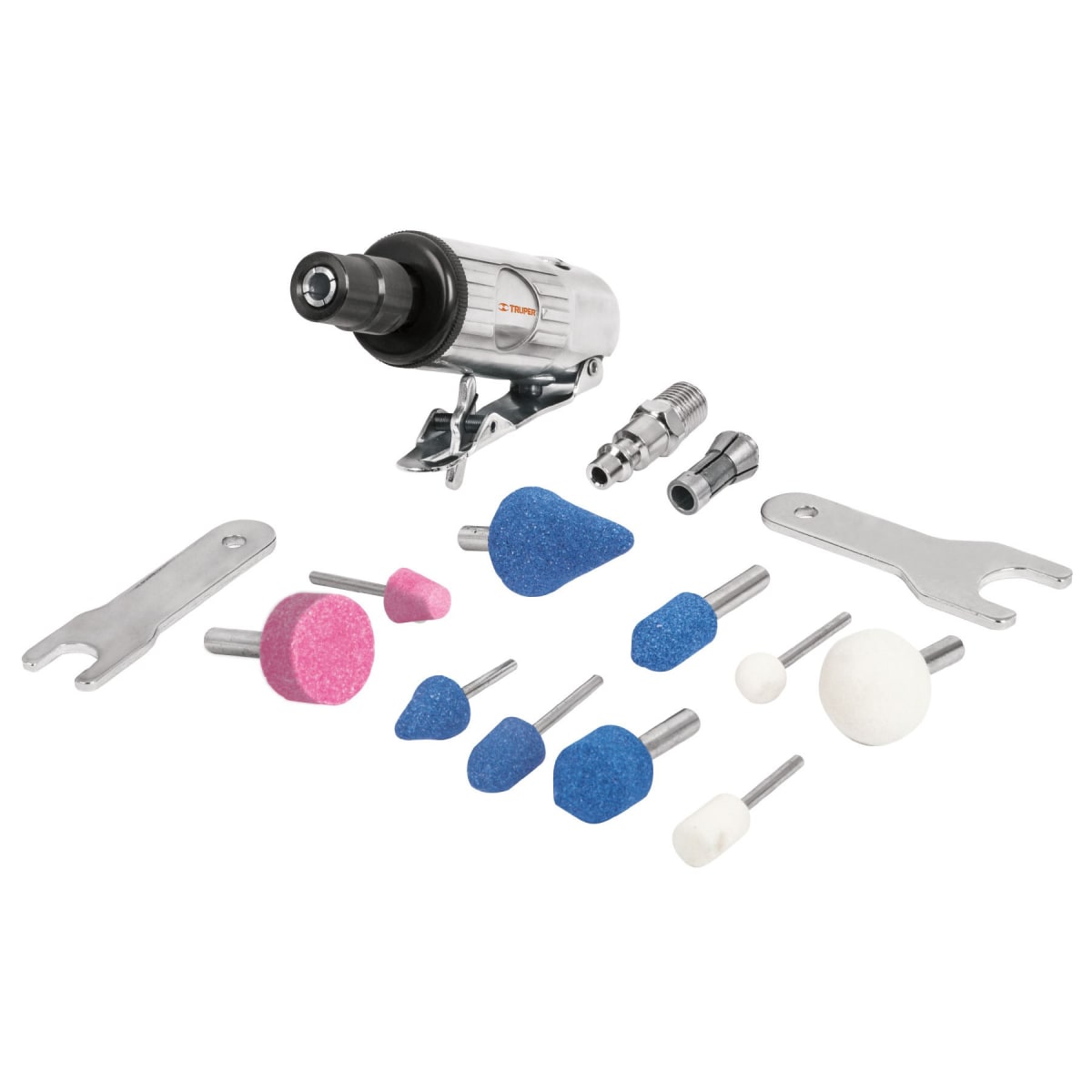 MINIESMERILADORA NEUMÁTICA, 1/4', KIT 16 PIEZAS TRUPER 168873