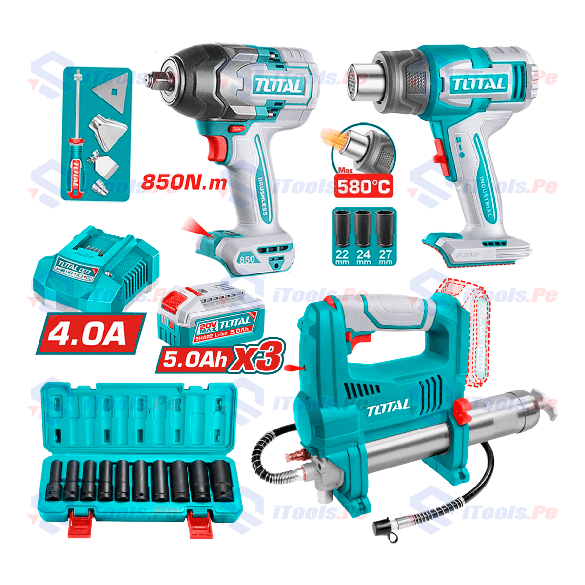 LLAVE DE IMPACTO 850 NM / PISTOLA DE CALOR 20V + ENGRASADORA 20V TOTAL.1