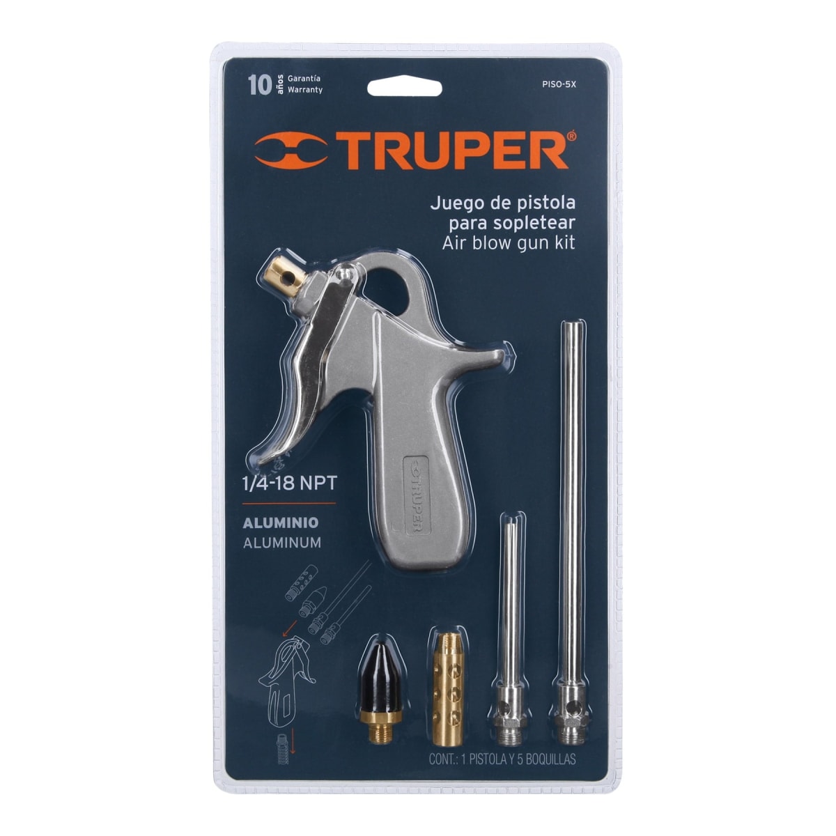 Pistola de aluminio para sopletear, 5 boquillas truper 106451
