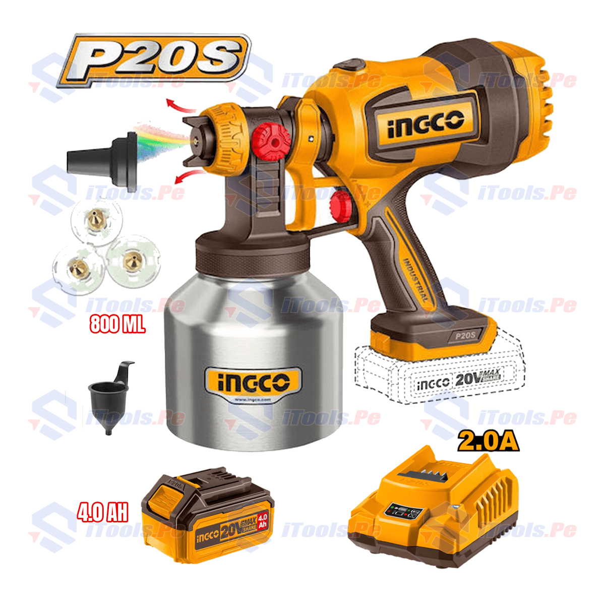 KIT PISTOLA PULVERIZADORA INGCO CSGLI20041 + CARGADOR 2 AH + BATERÍA 4AH1