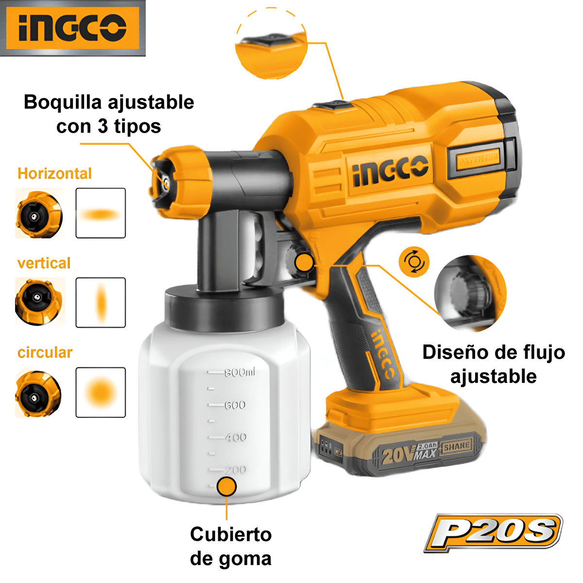 PISTOLA PARA PINTAR DE 20V 800 ML  + CARGADOR INGCO / CSGLI204061