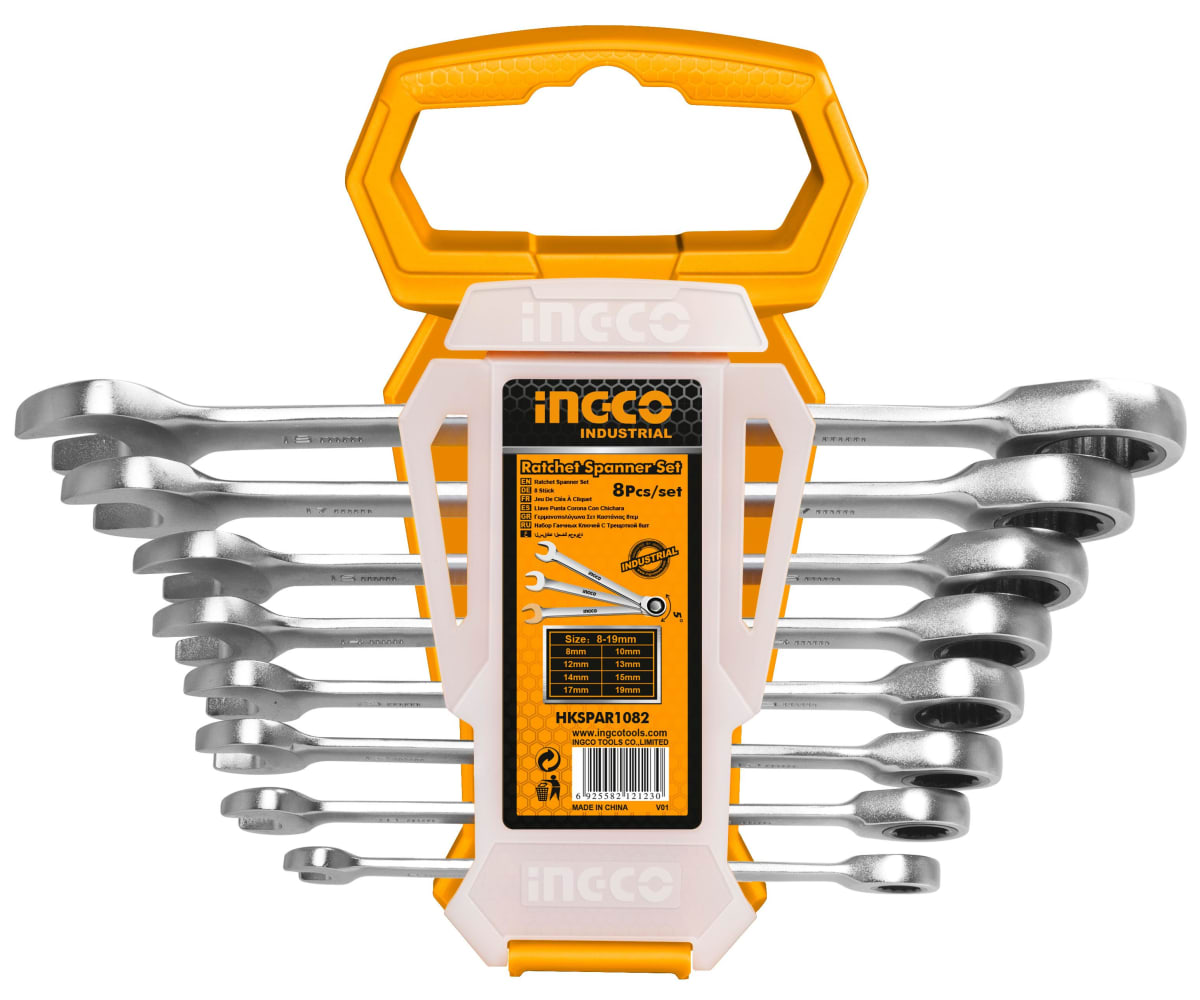 JUEGO DE 8 LLAVES MIXTAS CON RACHET CURVO INGCO 8-19MM HKSPAR10821