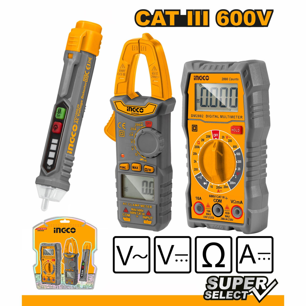 SET TESTER PINZA AMP Y DETECTOR VOLT INGCO DM30281