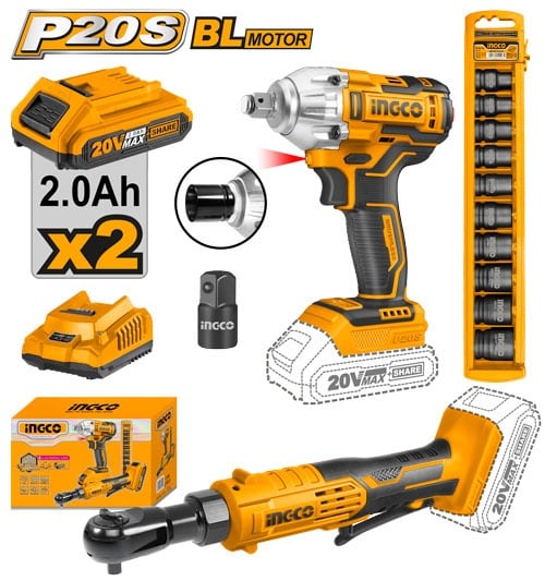 SUPER COMBO LLAVE DE IMPACTO 20V + SET DADOS + LLAVE CRIQUE 20V INGCO COSLI230661