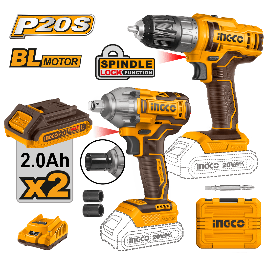 SET LLAVE DE IMPACTO Y ATORNILLADOR 20V BATERIA P20S INGCO COSLI2307021