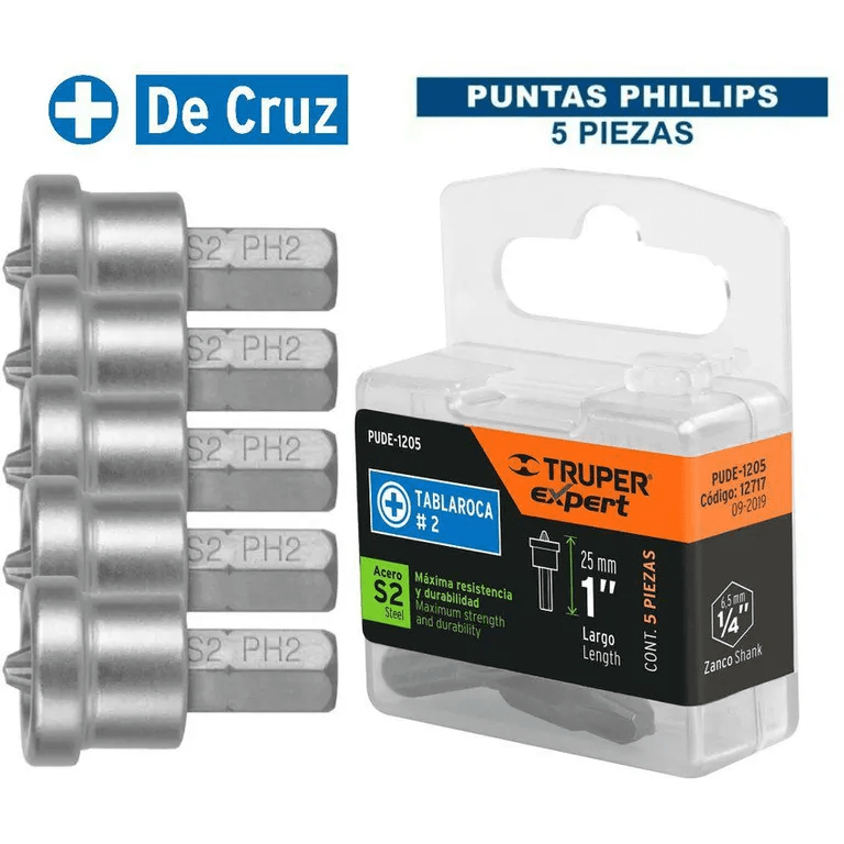 PUNTAS PHILLIPS #2 1'' PARA DRYWAL 5 PCS ESTUCHE TRUPER 127172