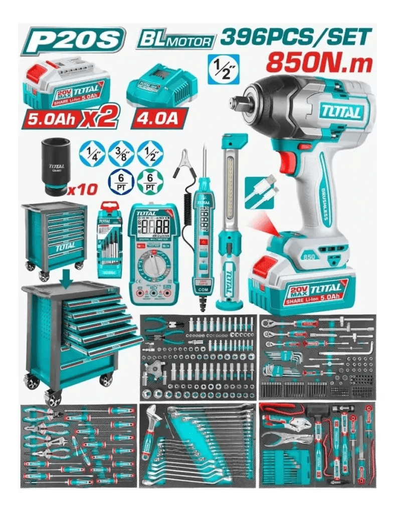 CARRO PORTA HERRAMIENTAS 396 PCS CON 7 CAJONES + LLAVE IMPACTO 20V 850NM TOTAL - THPTCS839621