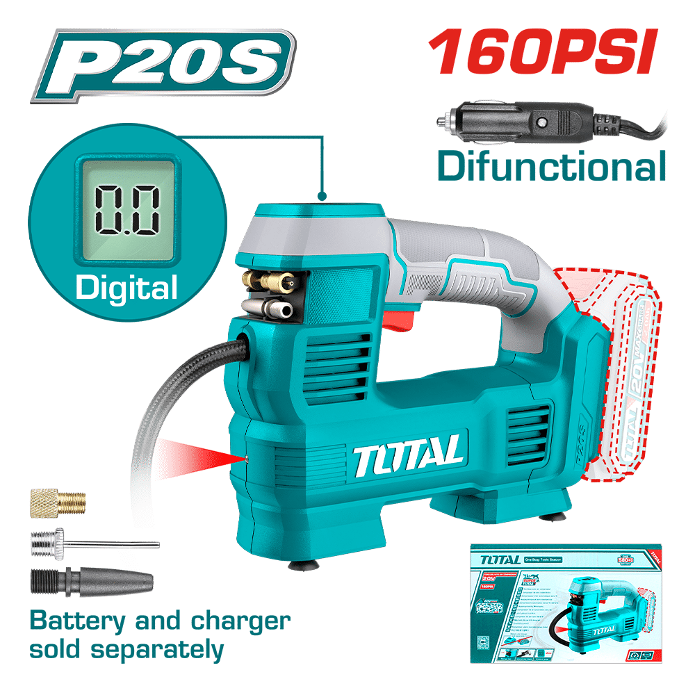 COMPRESORA DE AIRE AUTOMATICO INALAMBRICO 20V 160 PSI 35L TOTAL / TACLI20121