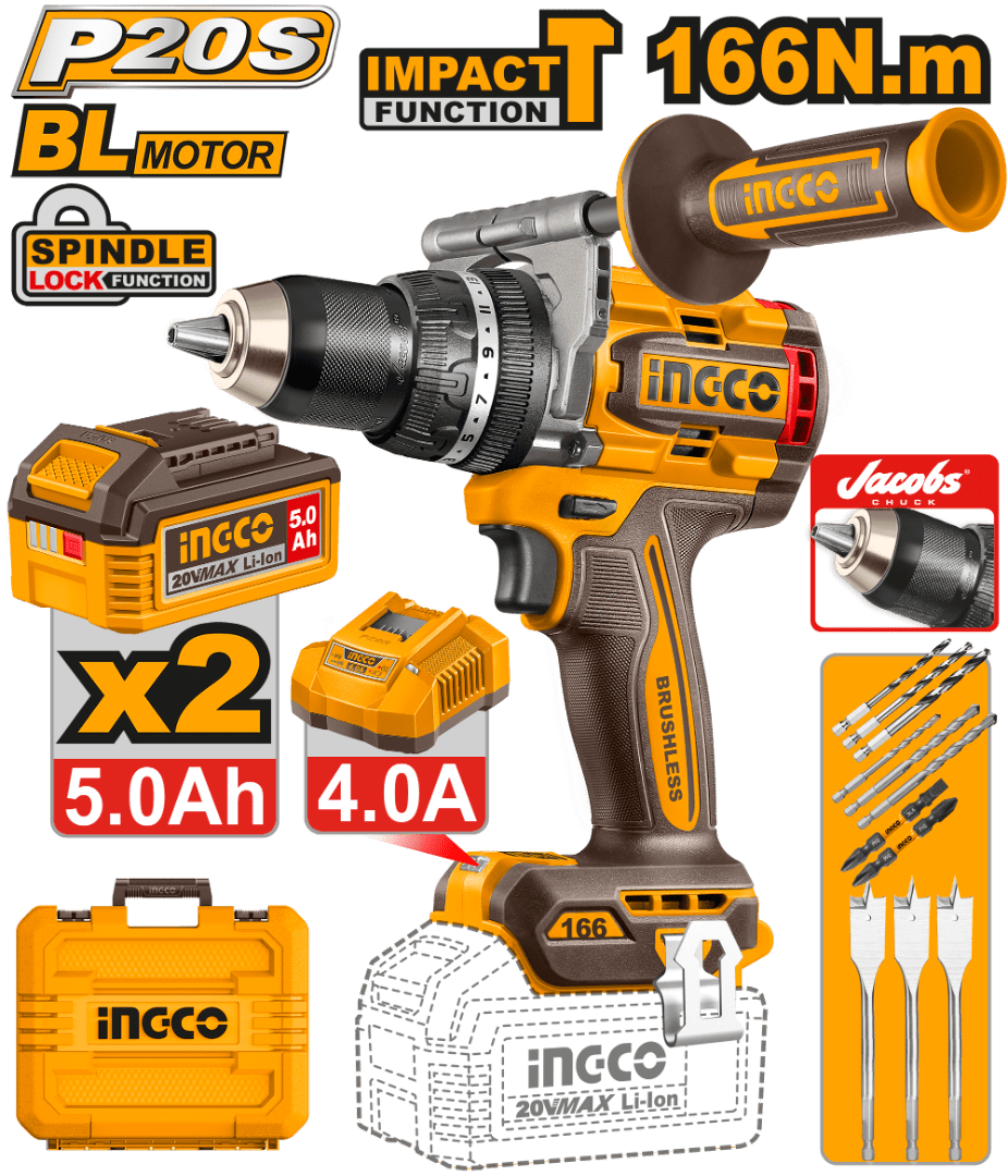 TALADRO ATORNILLADOR PERCUTOR 166NM 20V P20S INGCO / CIDLI2016681