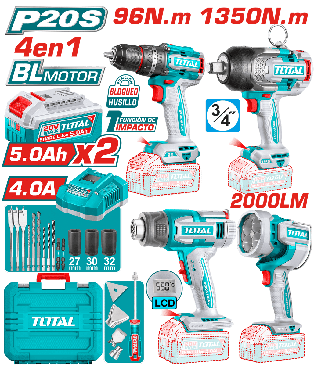 COMBO 4 EN 1: TALADRO 96NM + LLAVE IMP. 3/4