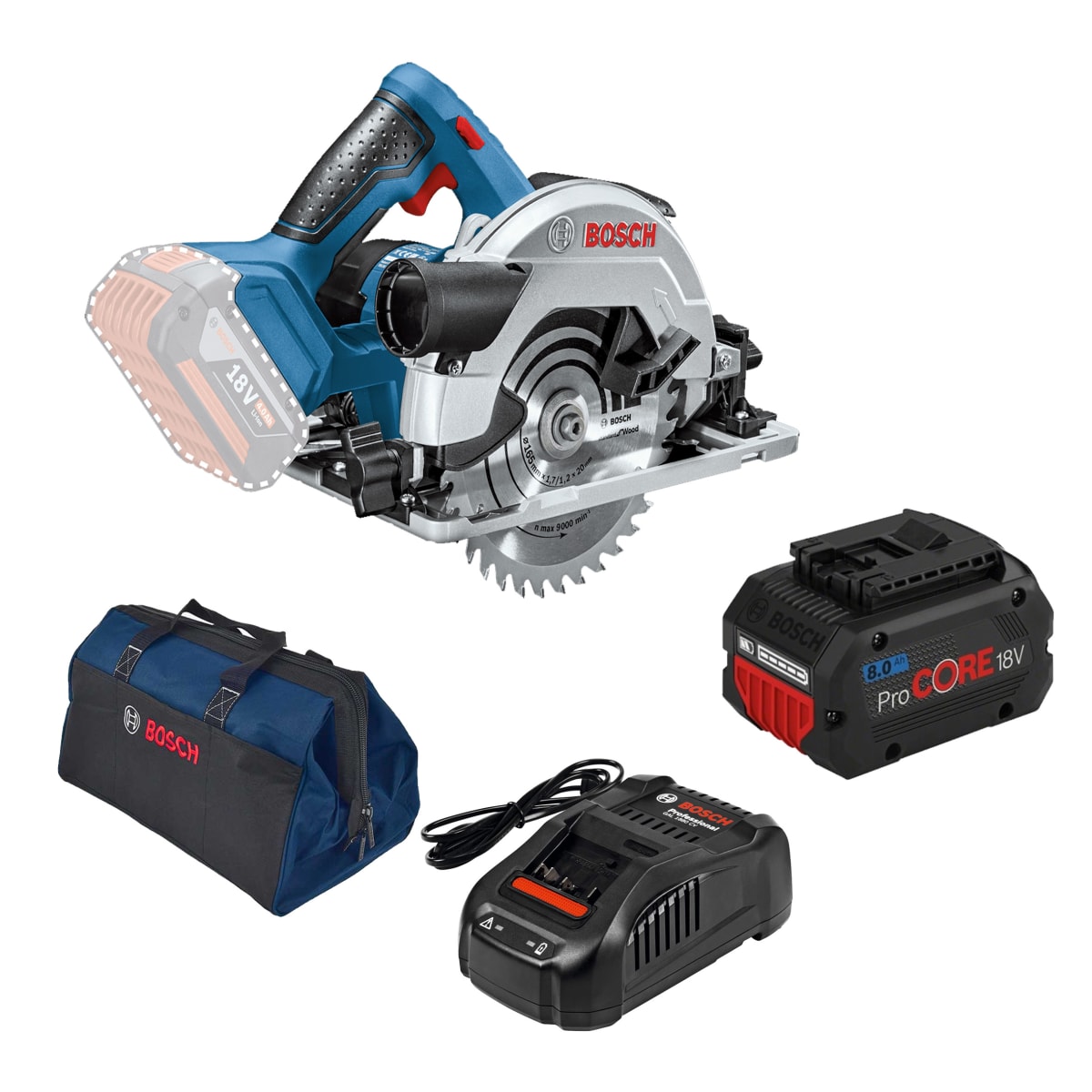 SIERRA INALAMBRICA GKS 18V-57 + BATERÍA 18 V. PROCORE 8.0 AH + CARGADOR GAL 1880 + MALETA DE LONA3