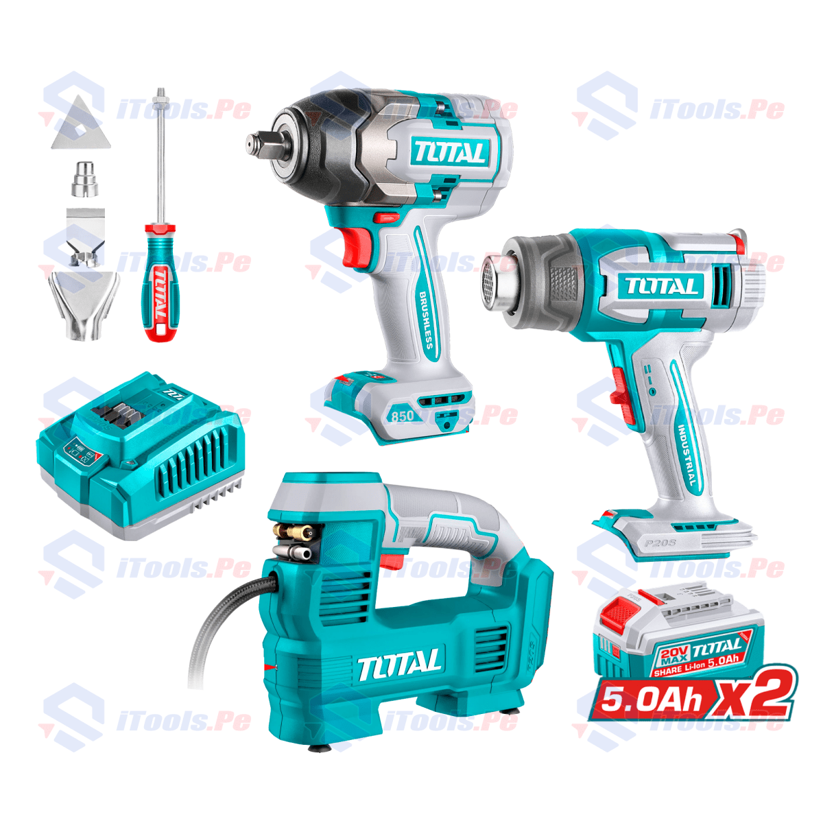 PACK LLAVE DE IMPACTO 850NM+ PISTOLA DE CALOR DE 20V + COMPRESOR DE AIRE 160 PSI TOTAL1