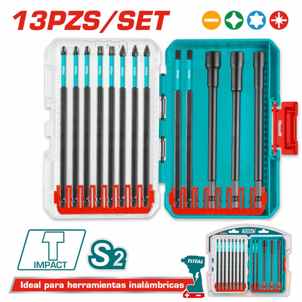 SET DE PUNTERAS LARGAS PARA DESTORNILLADOR DE IMPACTO 13PCS INDUSTRIAL TOTAL / TACSDL013061