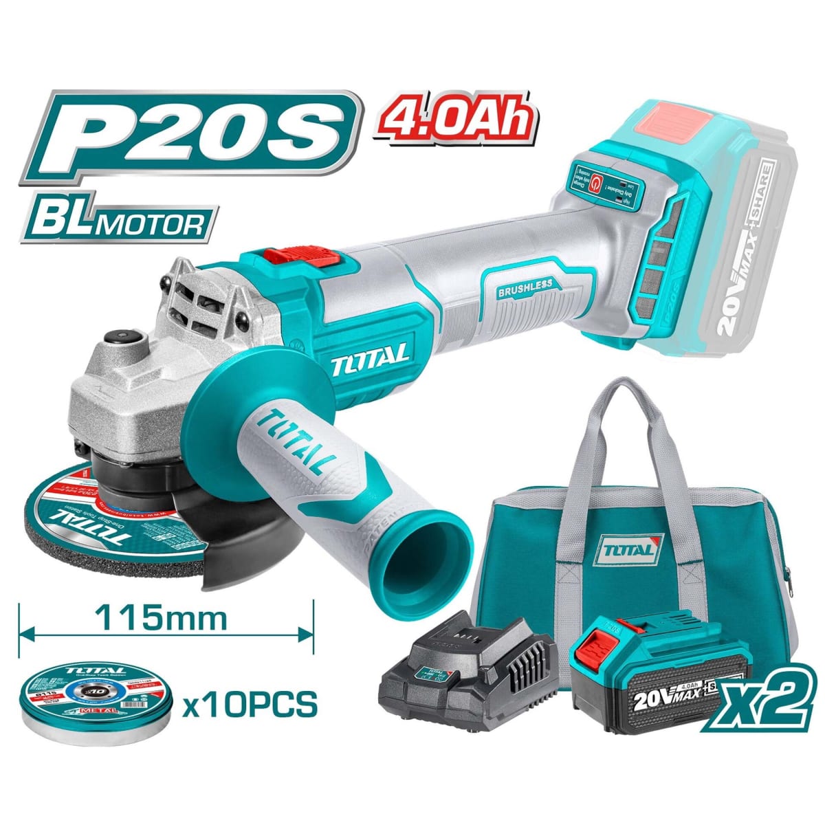 ESMERIL ANGULAR BL 20V 115MM TOTAL + 2 BATERIAS 4AH Y CARGADOR2