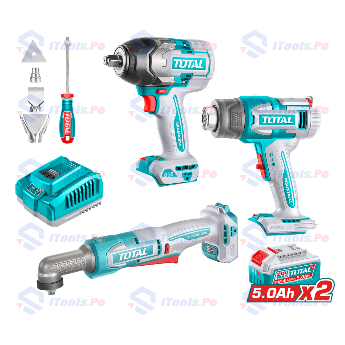 PACK LLAVE DE IMPACTO 850 NM+ PISTOLA DE CALOR 20V + LLAVE DE IMPACTO  DE ANGULO TOTA1