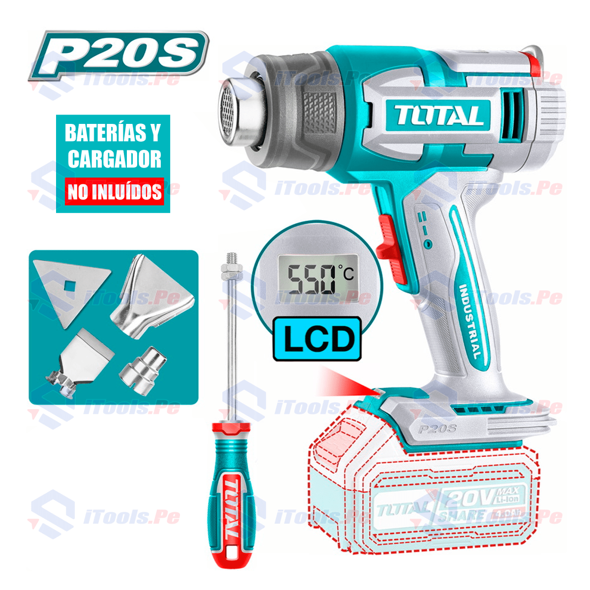 PISTOLA DE CALOR 20V 30-550C 100/200 L/MIN +ACC LCD INDUSTRIAL TOTAL- TBLI20031