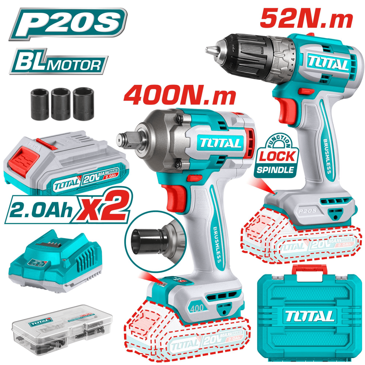 COMBO BRUSHLESS TALADRO ATORNILLADOR + LLAVE DE IMPACTO + BATERIAS + CARGADOR TOTAL / TCKLI202711