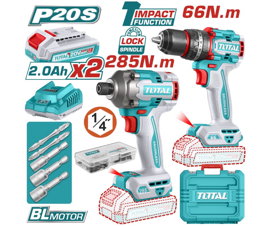 Combo taladro 66NM + Atornillador de impacto 20V TOTAL / TCKLI202771