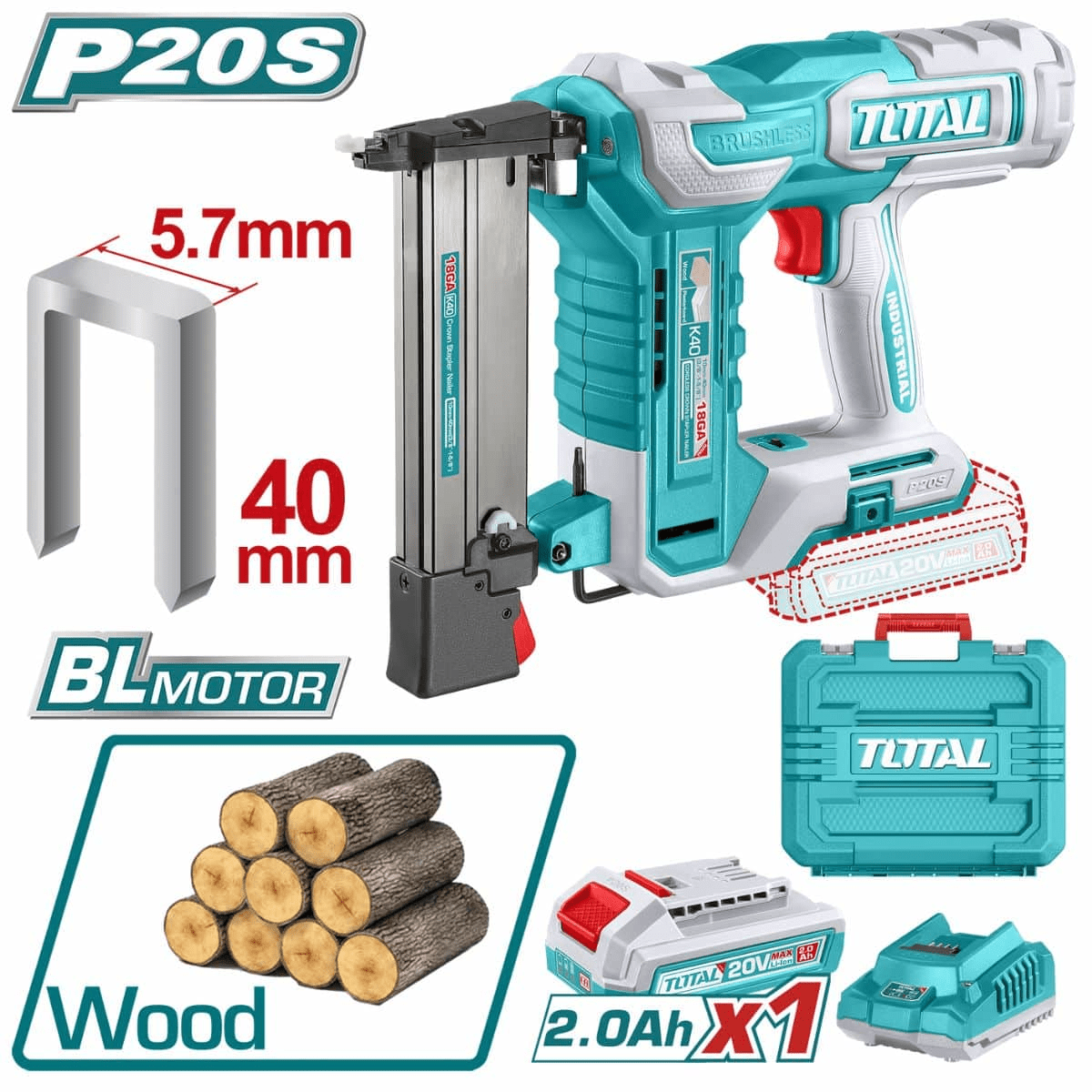 PISTOLA DE GRAPAS 20V K10-K40 + 100 GRAPAS CON BATERIA Y CARGADOR TOTAL / TCSNLI60081