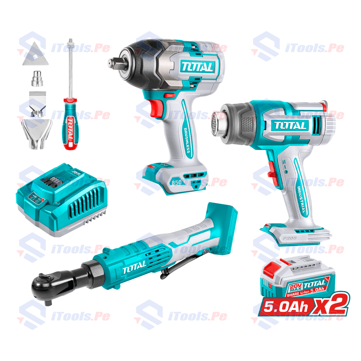 PACK LLAVE DE IMPACTO 850 NM + PISTOLA DE CALOR 20V + RACHET INALAMBRICO TOTAL1
