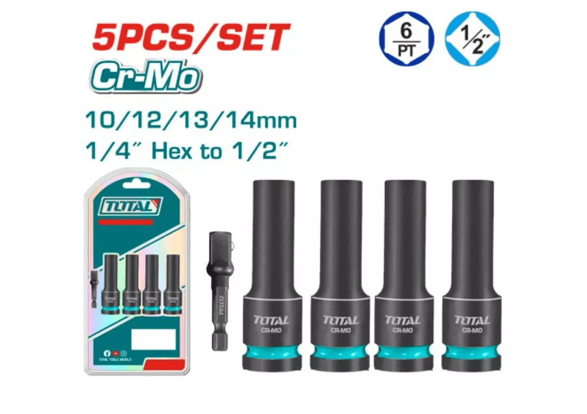 SET DADOS IMPACTO LARGOS 5PCS CR-MO 10/12/13/14 + ADAPTADOR 1/4 HEX - THKISD12052L1